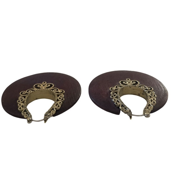 Elegant Wooden Brown Hoop Earrings - Picture 2 of 5